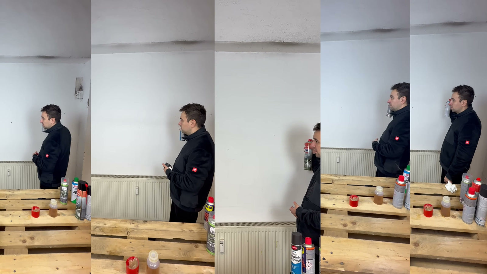 Sprühbild-Test an der Wand als Splitscreen mehrerer Kandidaten.