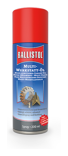 Ballistol Multi-Werkstatt-Öl, 200-ml-Sprühdose mit rotem Deckel, Produktfoto auf hellem Grund