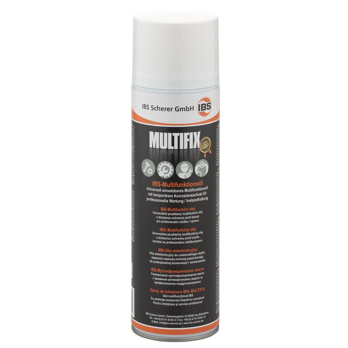 IBS MultiFix Sprühdose mit weißem Deckel und dunklem Etikett, Produktfoto auf weißem Grund