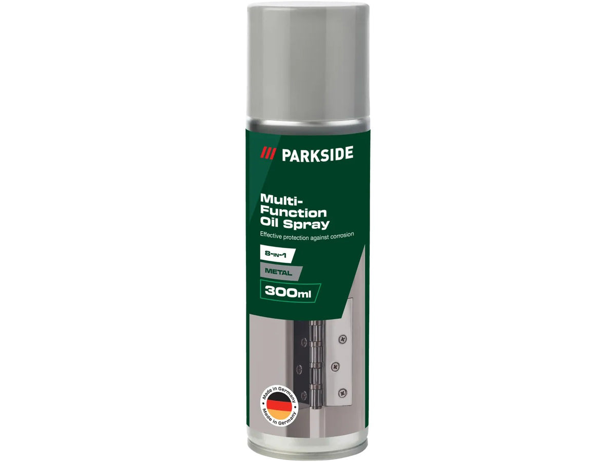 Parkside Multifunktions-Öl-Spray 8 in 1, 300-ml-Sprühdose mit grauem Deckel und grünem Etikett, Produktfoto auf weißem Grund