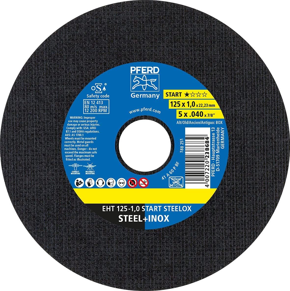 Produktfoto einer PFERD-Trennscheibe der STEELOX-Reihe (STEEL+INOX), 125 × 1,0 × 22,23 mm. Getestet wurde die PSF-Variante; das Produktfoto zeigt die eng verwandte START-Linie.