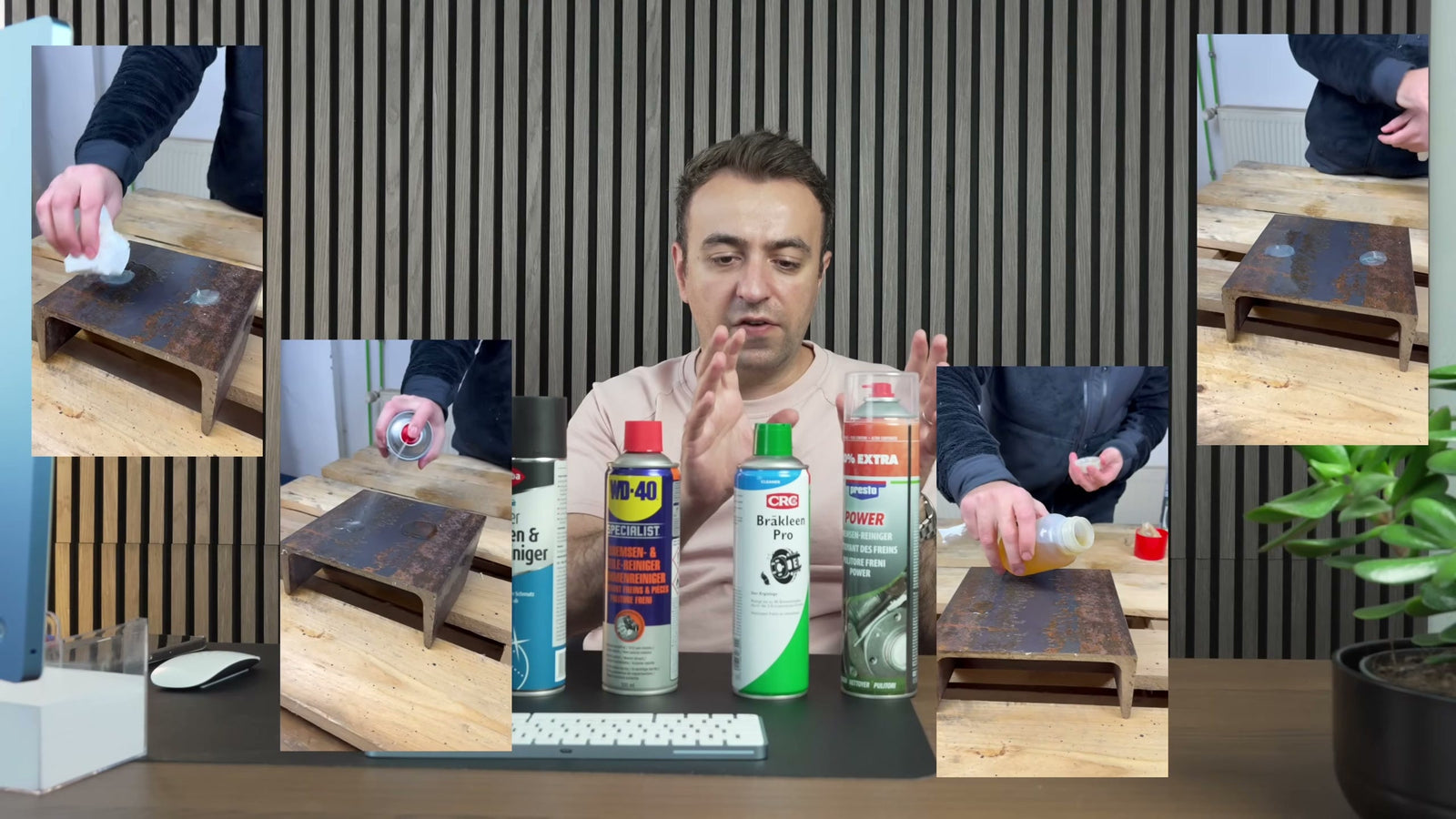 Alle fünf getesteten Bremsenreiniger nebeneinander mit den Testaufbau-Einblendungen (Öl aufbringen, sprühen, wischen).