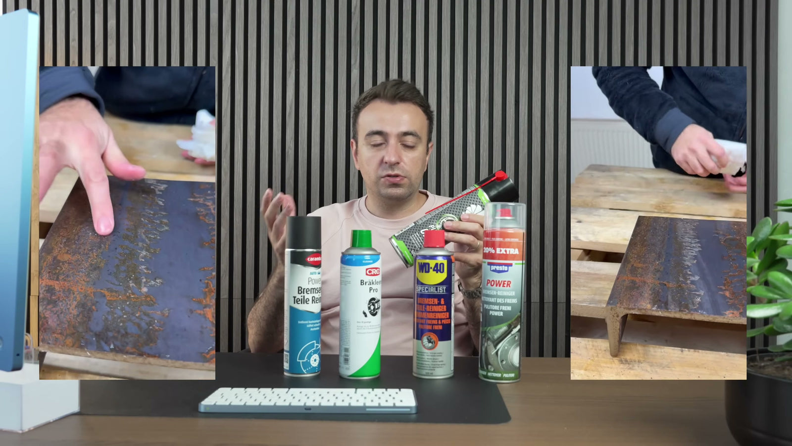 Fett- und Öltest auf der Stahlplatte mit behandelten und unbehandelten Vergleichsflecken; Kontrolle des Schmierfilms per Hand.