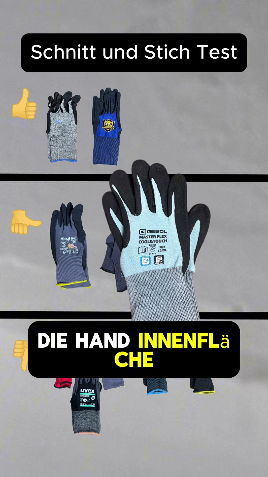 Ranking-Tafel Schnitt-/Stichtest mit Nahaufnahme des Gebol Master Flex Cool&Touch; am Etikett ist die EN-388-Angabe „3131X