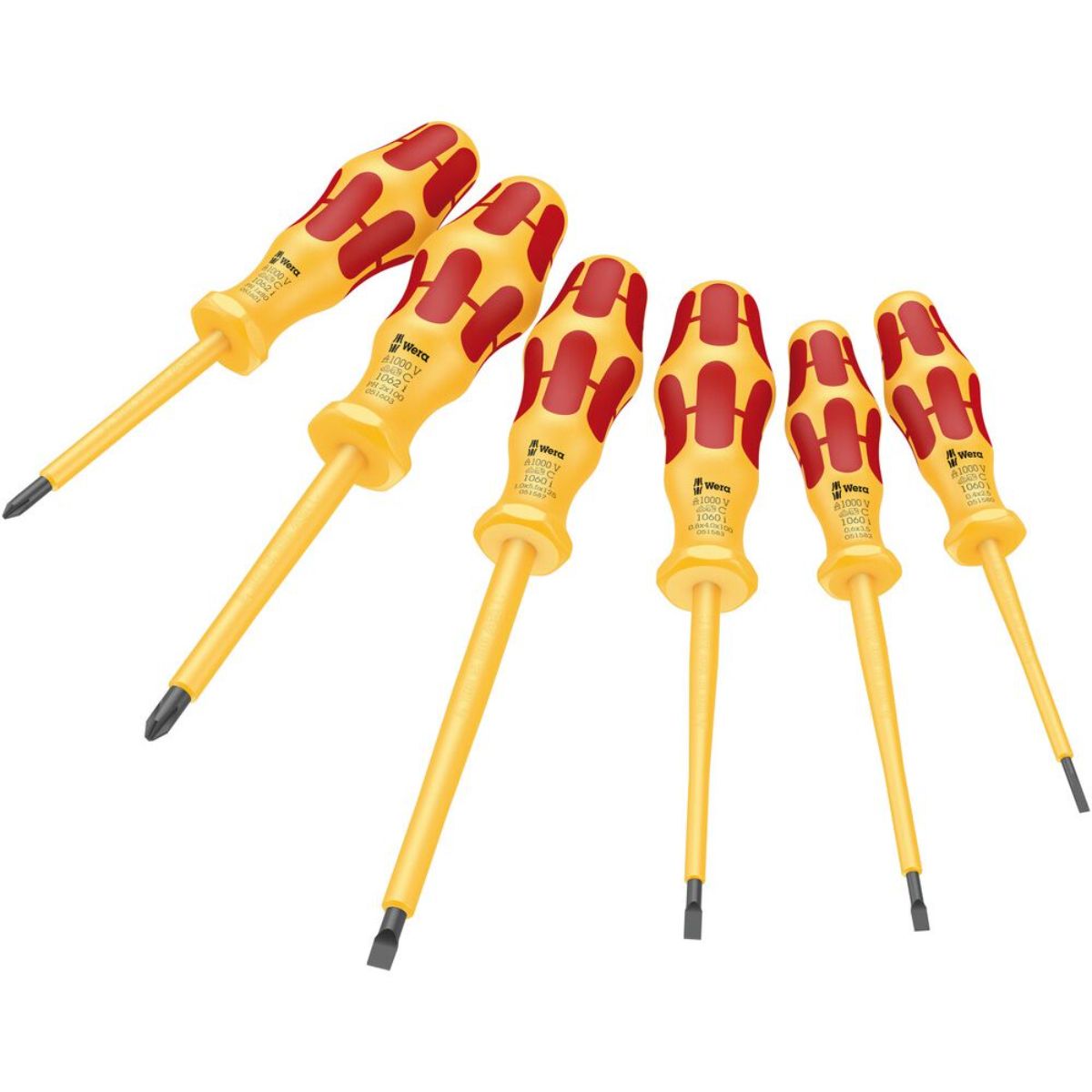Wera 1060 i/1062 i/6 — sechsteiliges VDE-Schraubendreher-Set, alle sechs Schraubendreher gefächert auf weißem Grund